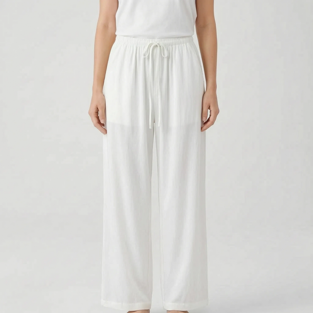 Lightweight, comfortable wide-leg travel pants for women; versatile for summer outings.