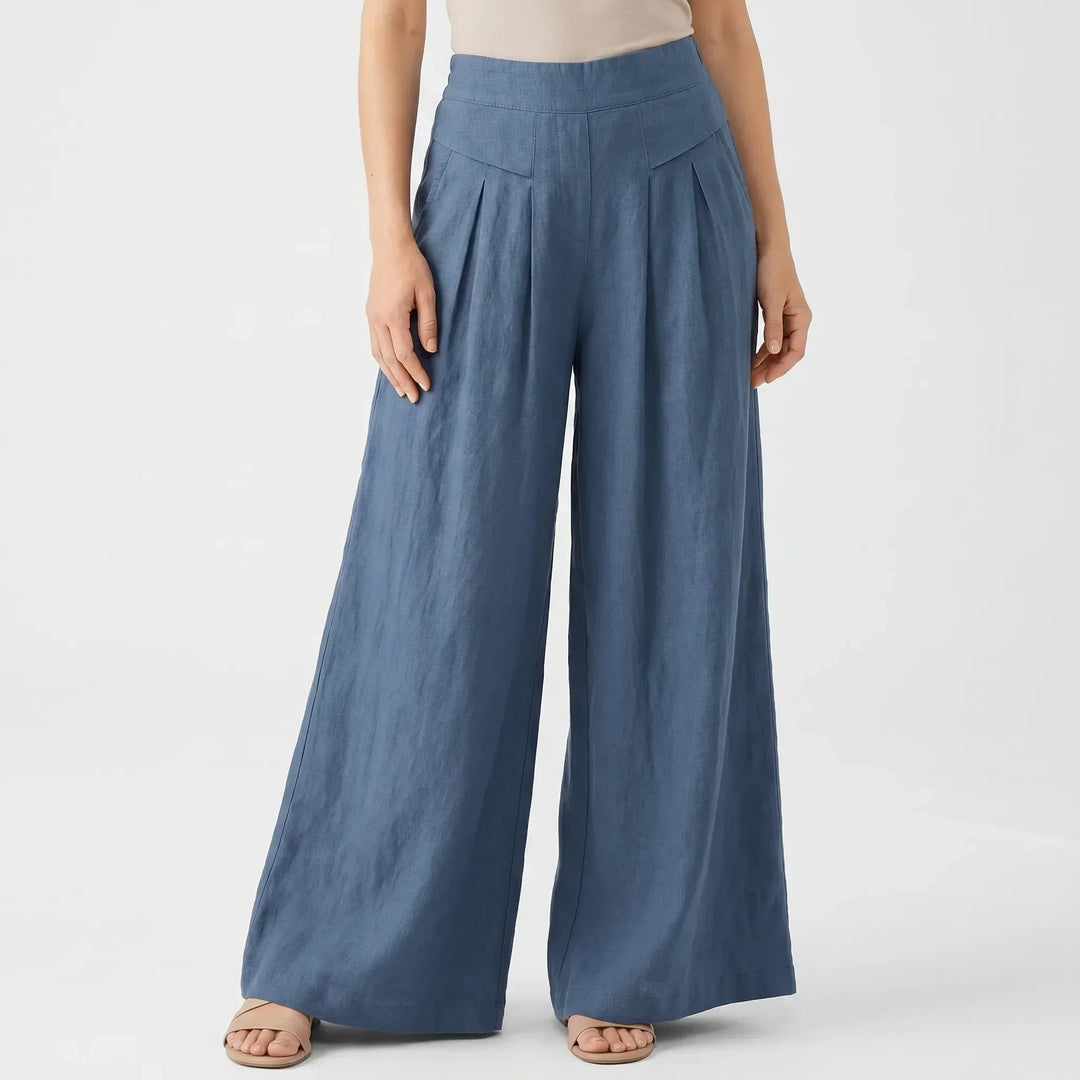 Chic high-rise wide leg summer trousers for women, versatile relaxed fit ideal for warm weather.