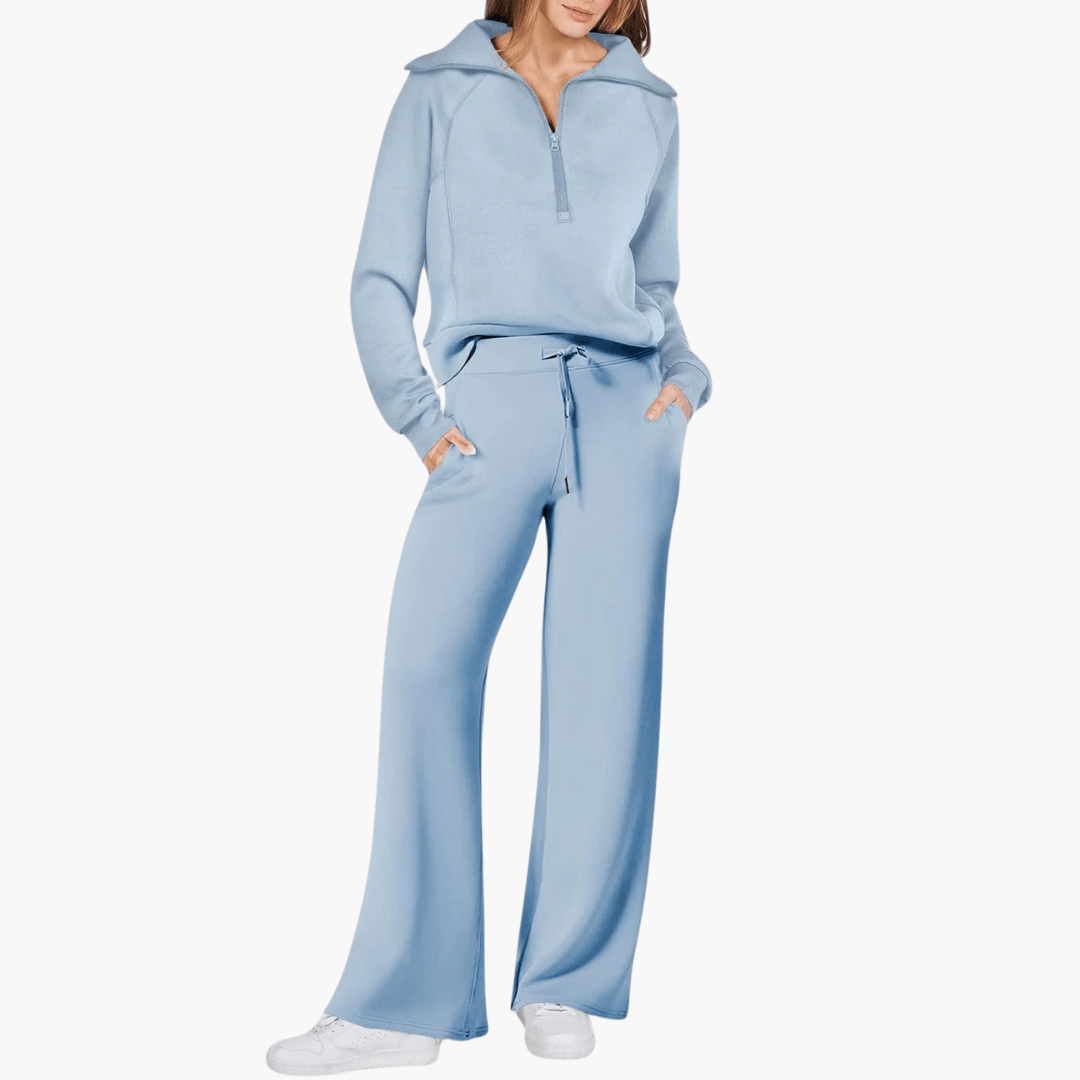 Casual women's wide leg lounge set with a zip-up hoodie. Comfortable and stylish two-piece loungewear for everyday wear.