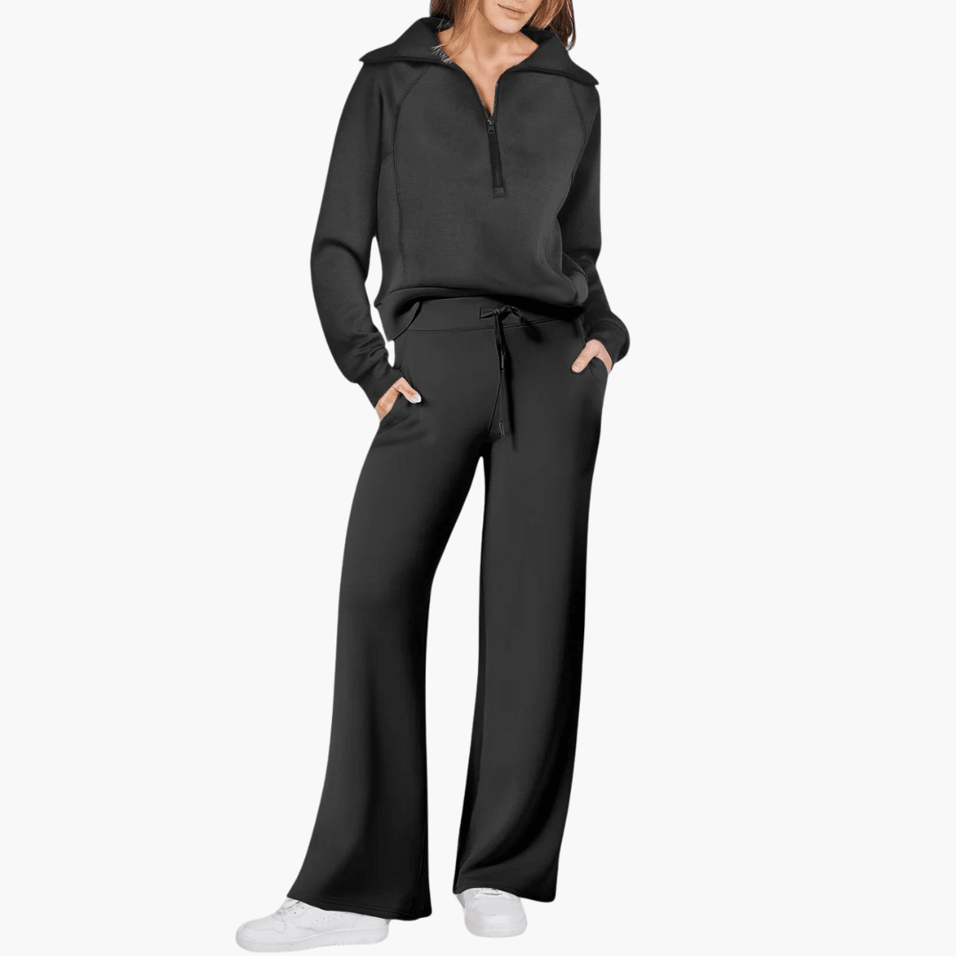 Soft women's matching zip up hoodie & wide leg pants. This cozy two-piece loungewear set offers comfortable athleisure style.