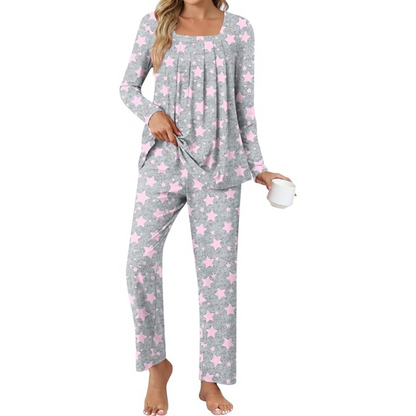 Elegant women's sleep set, featuring a soft top & matching pants with pockets for relaxation.