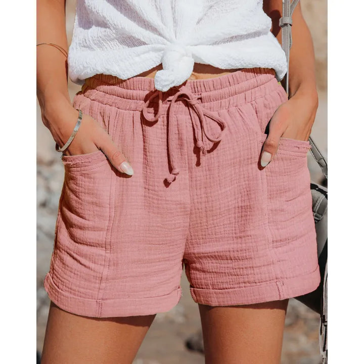 Women's comfy drawstring waist shorts with pockets, ideal for relaxed everyday wear.