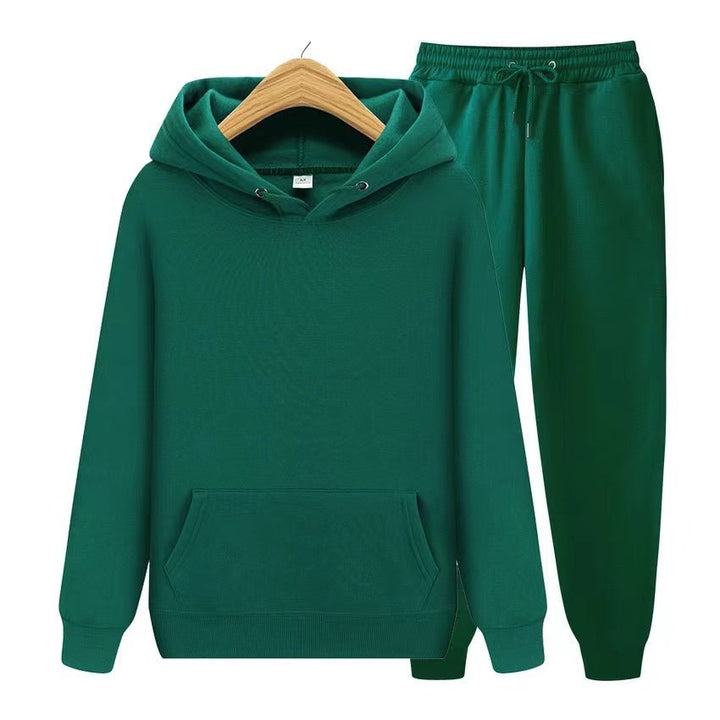 Comfortable women's two-piece outfit with a soft hooded sweatshirt and matching jogger pants.