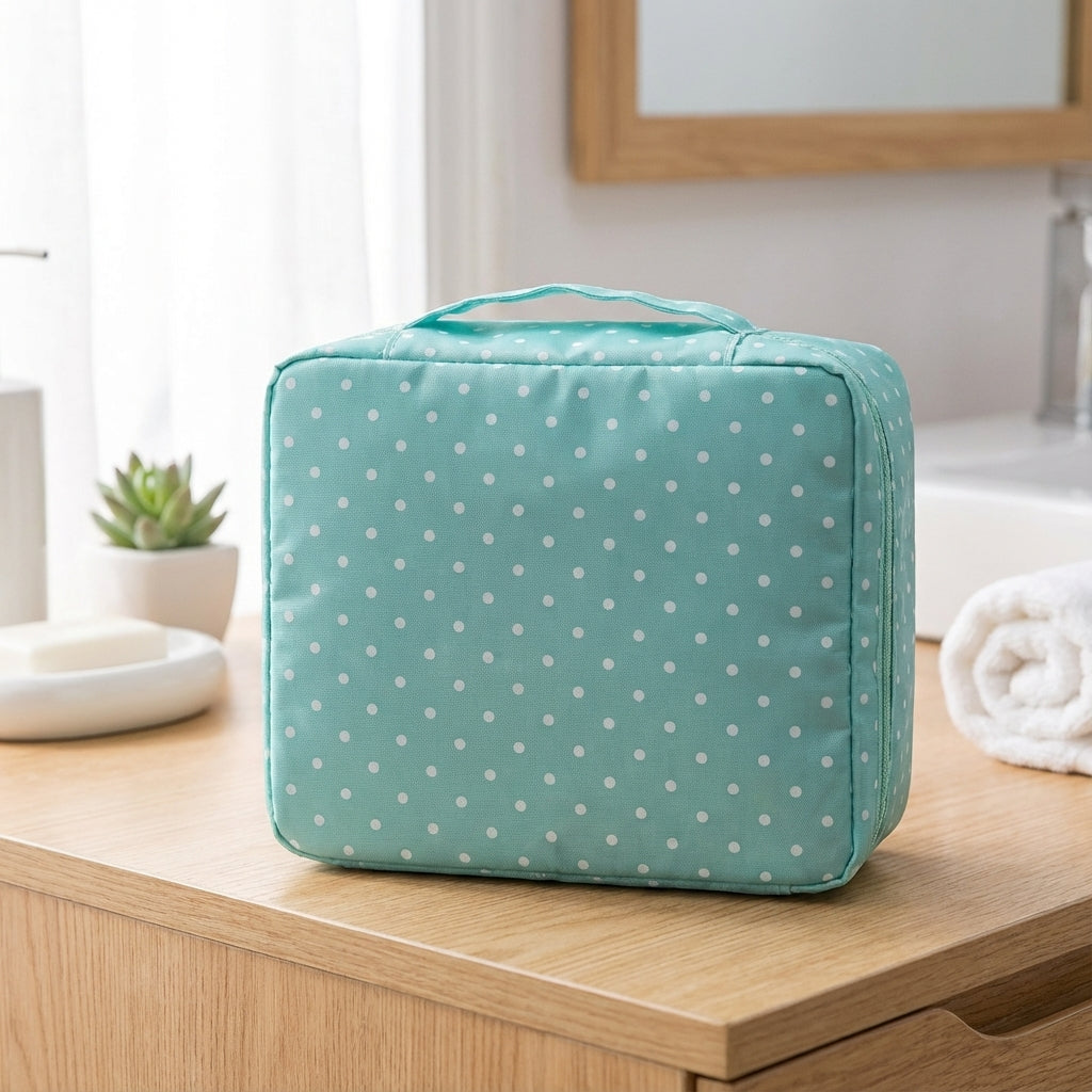Women's compact cosmetic organizer makeup bag, waterproof & portable beauty storage for travel essentials.