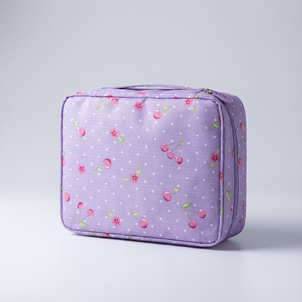 Inside view: Organized women's compact cosmetic bag, perfect for travel makeup & toiletries.