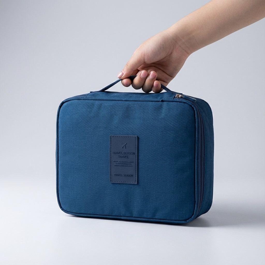 Elegant compact makeup organizer for women, a waterproof travel bag for cosmetics & beauty.