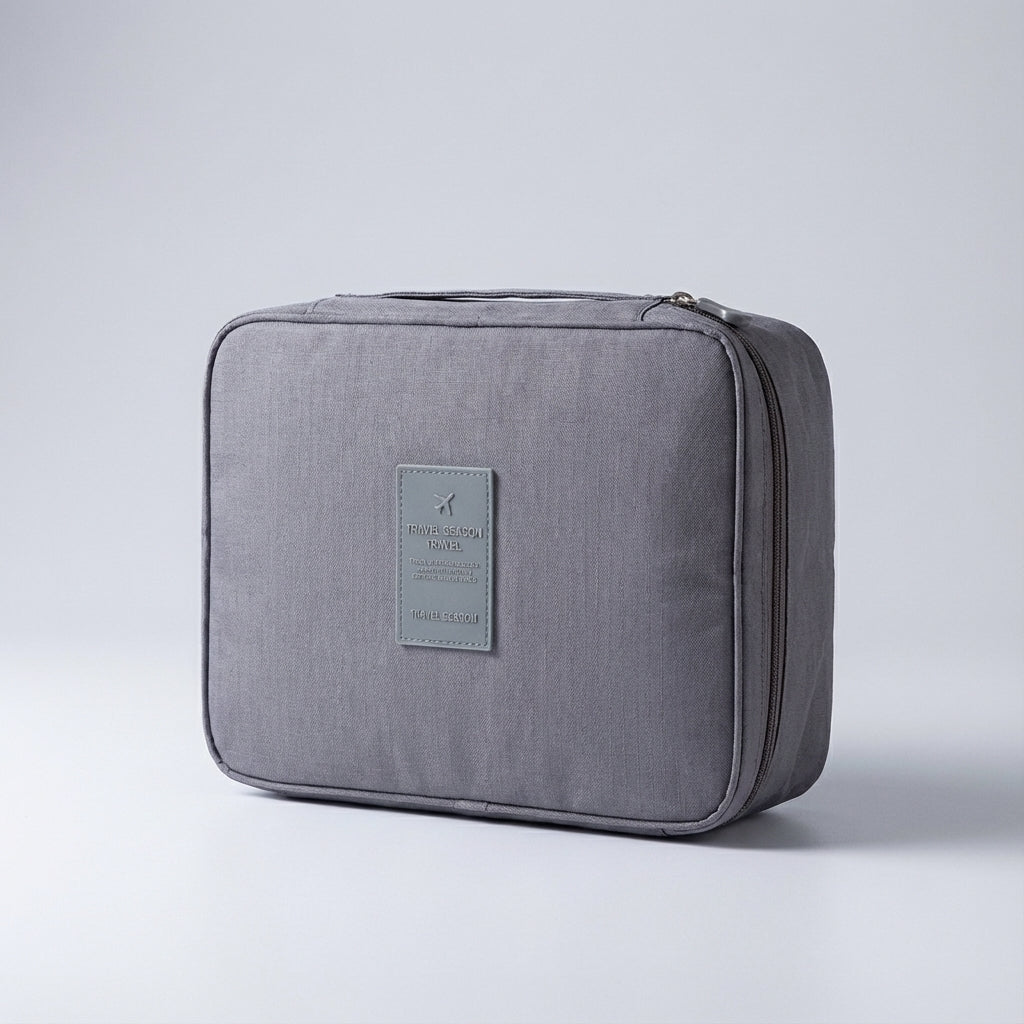 Functional women's travel cosmetic bag, compact waterproof organizer for makeup & toiletries.