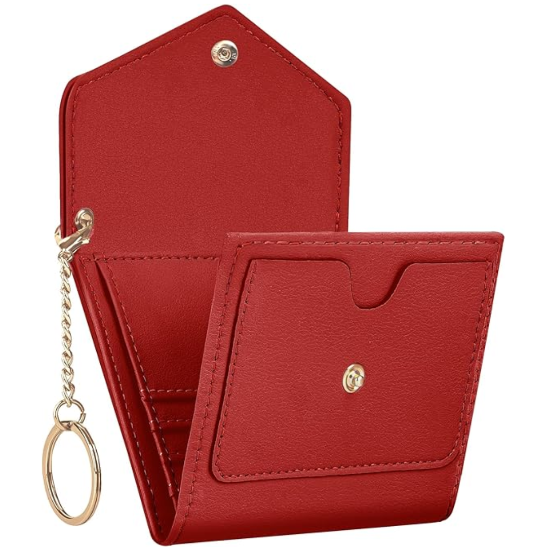 Women's compact trifold leather wallet with RFID blocking, multiple card slots & coin purse.