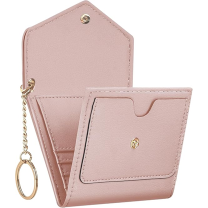 Compact women's leather trifold wallet, perfect for cards, coins & bills, RFID protection.