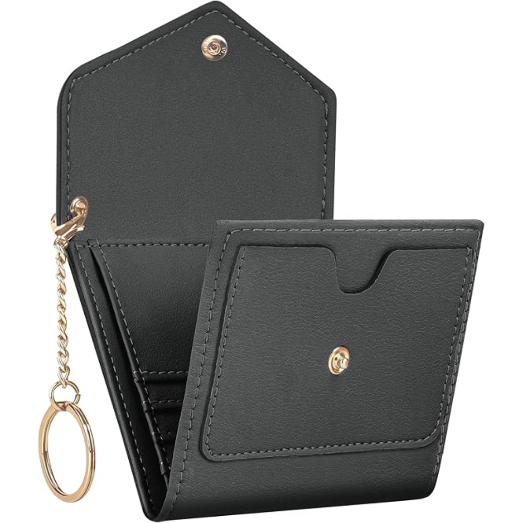 Portable women's compact trifold wallet, crafted from leather with integrated RFID protection.