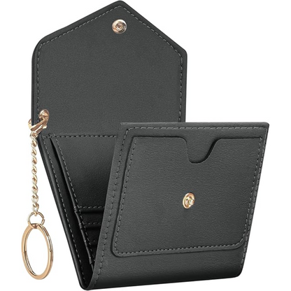 Portable women's compact trifold wallet, crafted from leather with integrated RFID protection.
