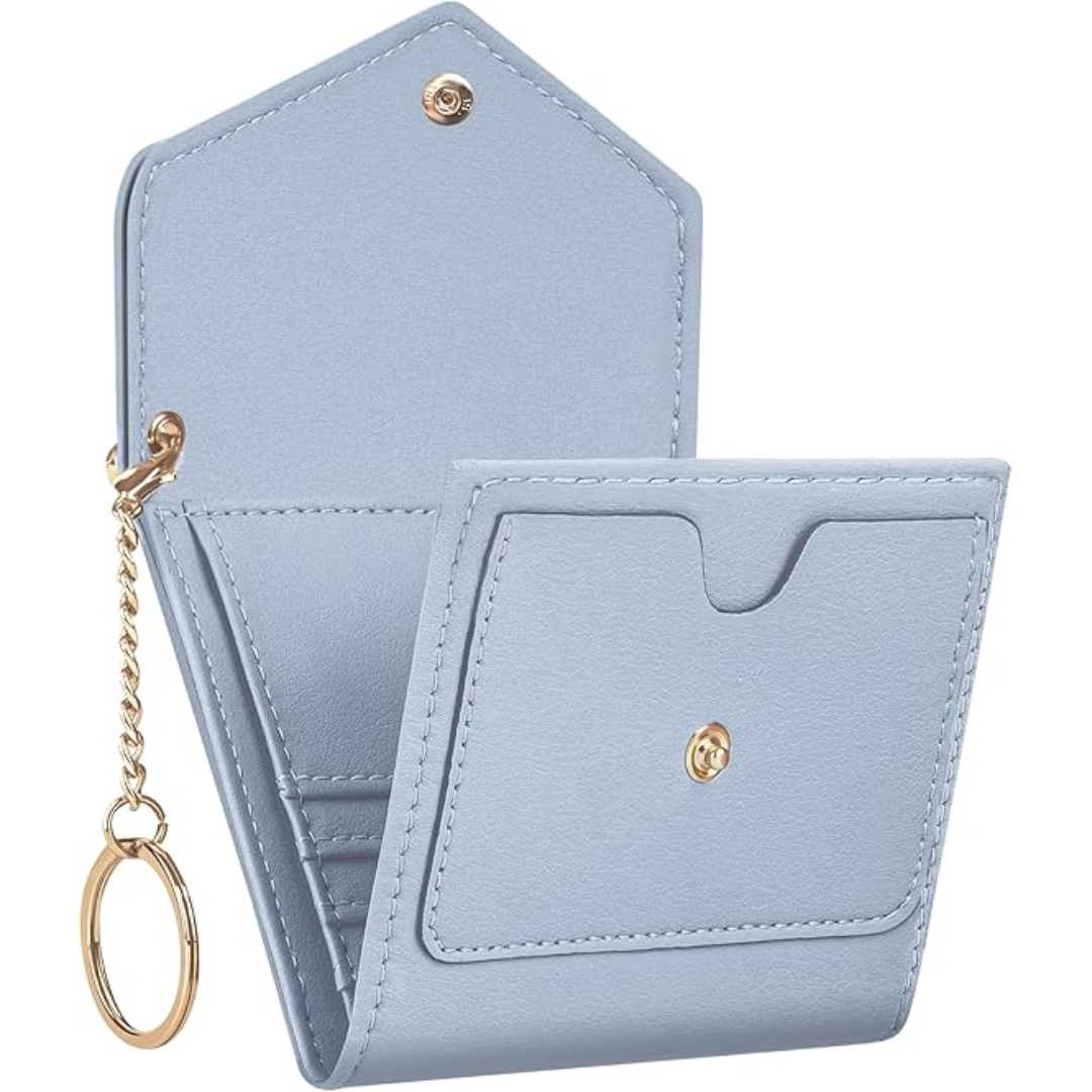 Women's compact leather trifold wallet featuring secure card holder, coin purse, and RFID shield.