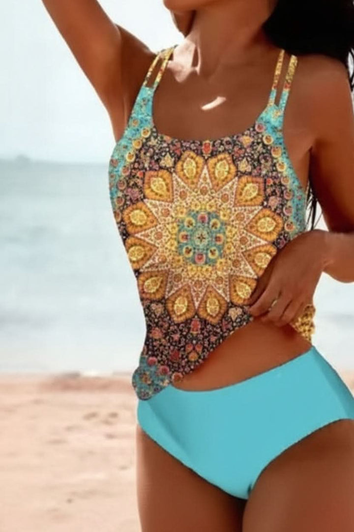 Chic women's boho tankini swimsuit, a stylish two-piece set for confident summer beach and vacation wear.