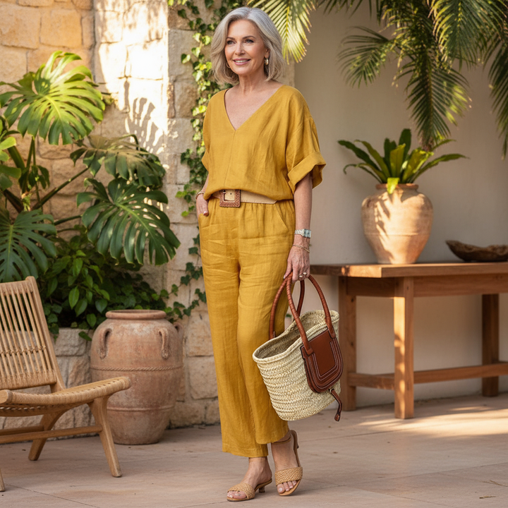 Relaxed fit women's V-neck cotton linen loungewear set, perfect for comfort & effortless style.
