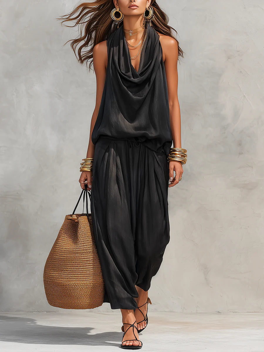 Women's cowl neck halter top & wide leg pant two-piece set, perfect for resort wear or chic summer outfit.