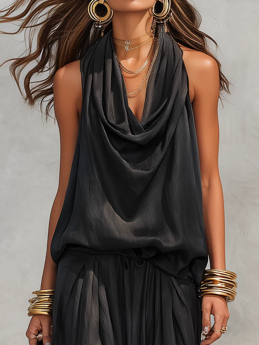 Comfortable & stylish women's two-piece set: cowl neck halter top and wide leg pants for resort or summer.