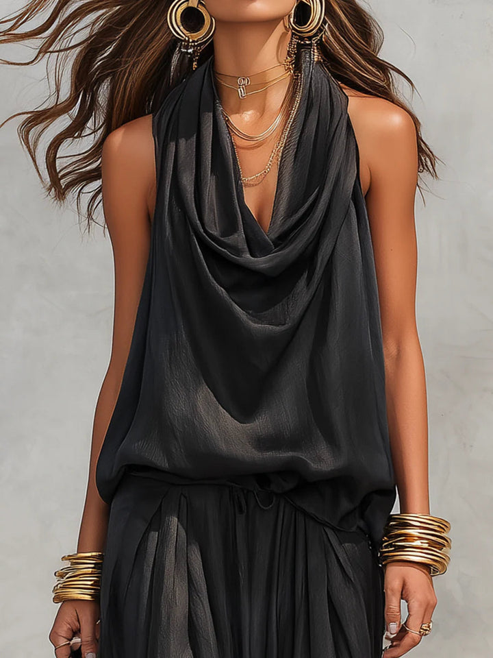 Comfortable & stylish women's two-piece set: cowl neck halter top and wide leg pants for resort or summer.