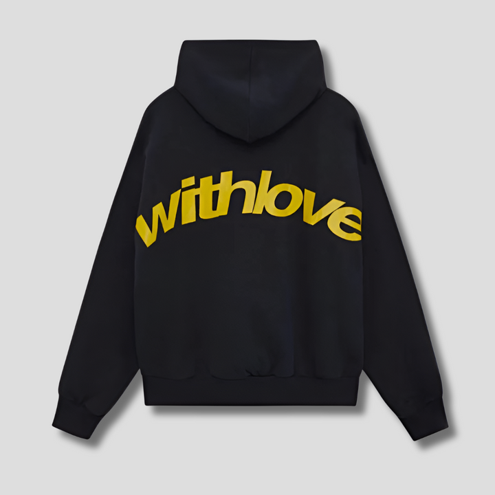 Comfortable yellow women's graphic hoodie. Cozy, relaxed fit pullover ideal for casual wear, streetwear & layering.