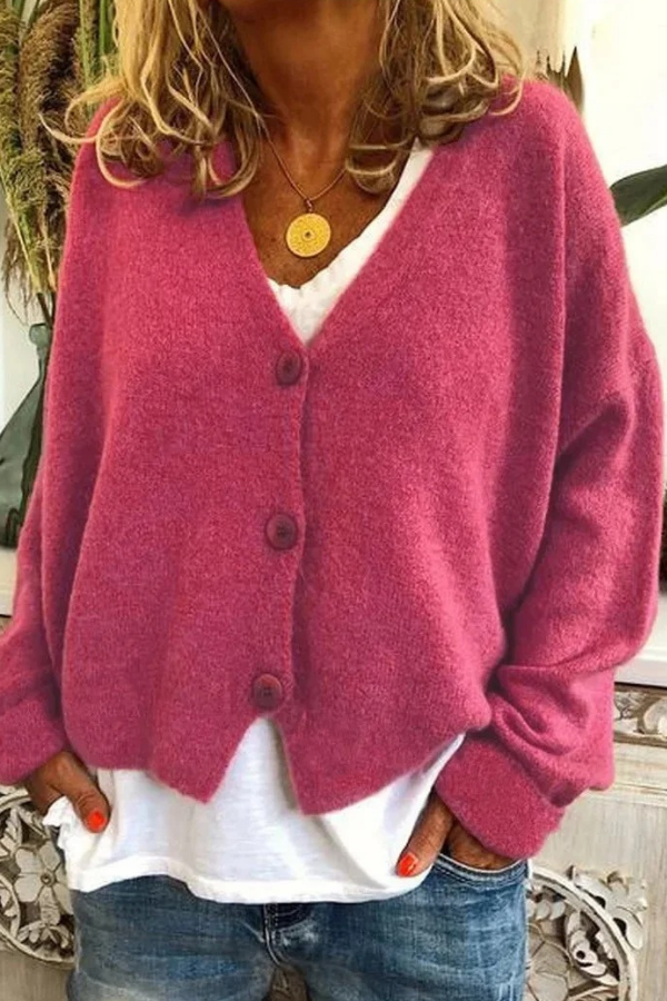 Classic women's button-front cardigan. A versatile long sleeve top for casual or dressed-up everyday wear.