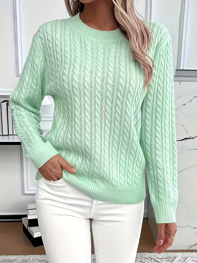 Soft, comfortable women's cable knit crew neck jumper. Ideal cozy long sleeve knitwear for autumn.