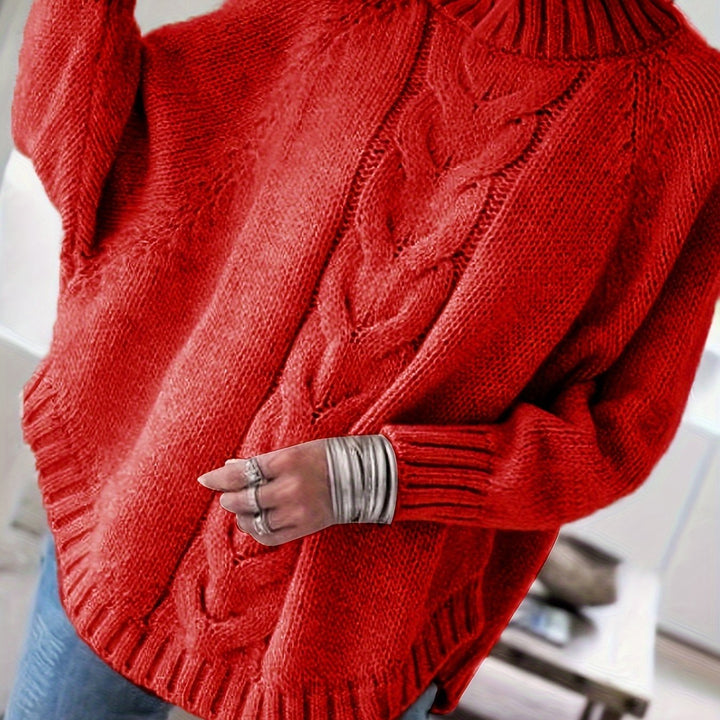 Versatile women's cozy cable knit high-neck sweater with flared hem, perfect for fall, winter, and layering.