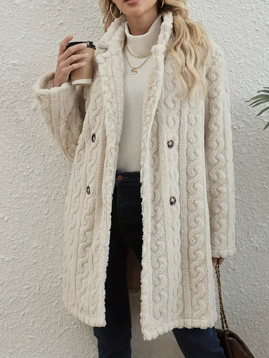 Women's cozy cable knit overcoat, perfect warm winter outerwear. Stylish long jacket for elegant layering.