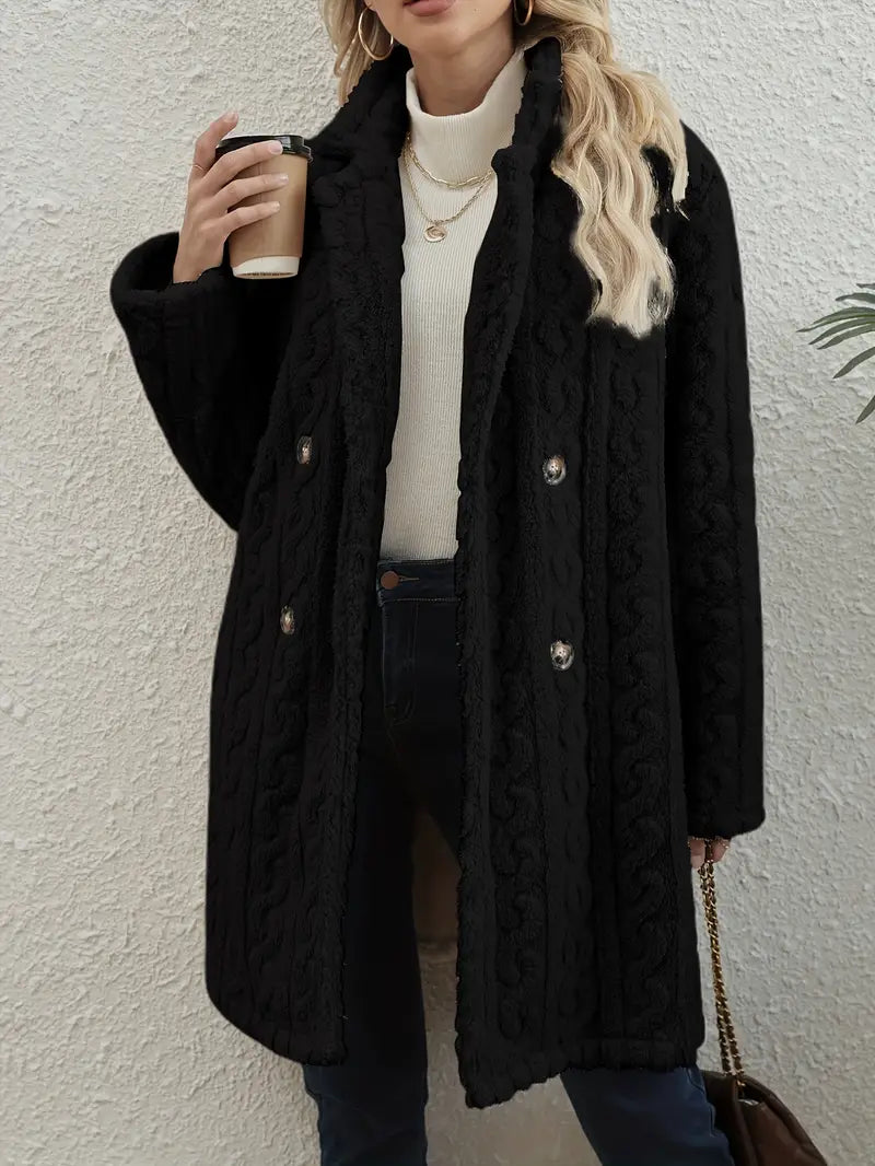 Cozy women's cable knit overcoat, warm and stylish winter outerwear. Elegant long jacket with beautiful texture.