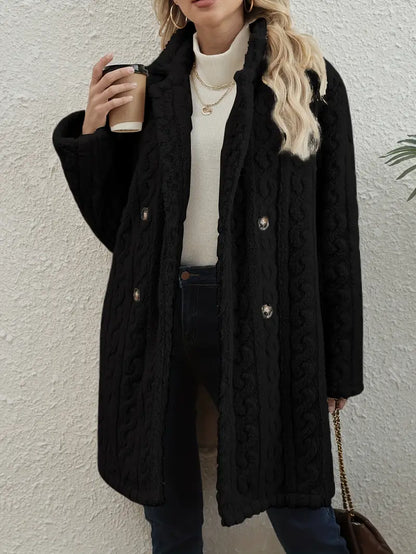Cozy women's cable knit overcoat, warm and stylish winter outerwear. Elegant long jacket with beautiful texture.