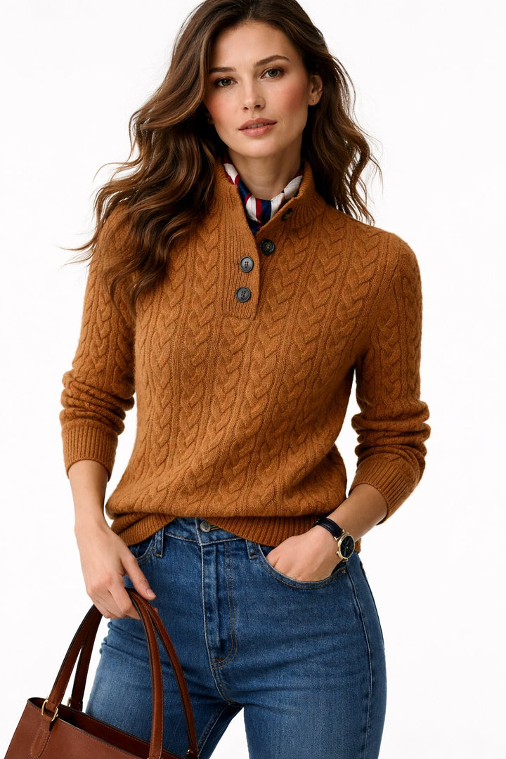 Women's cozy cable knit pullover sweater with button neck. Perfect for fall and winter smart casual looks.