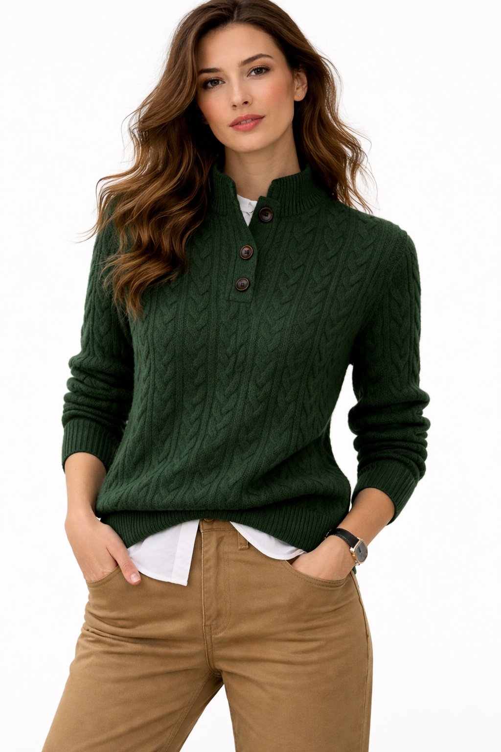 Stylish women's long sleeve cable knit pullover. Features a button neck, ideal for versatile fall/winter fashion.