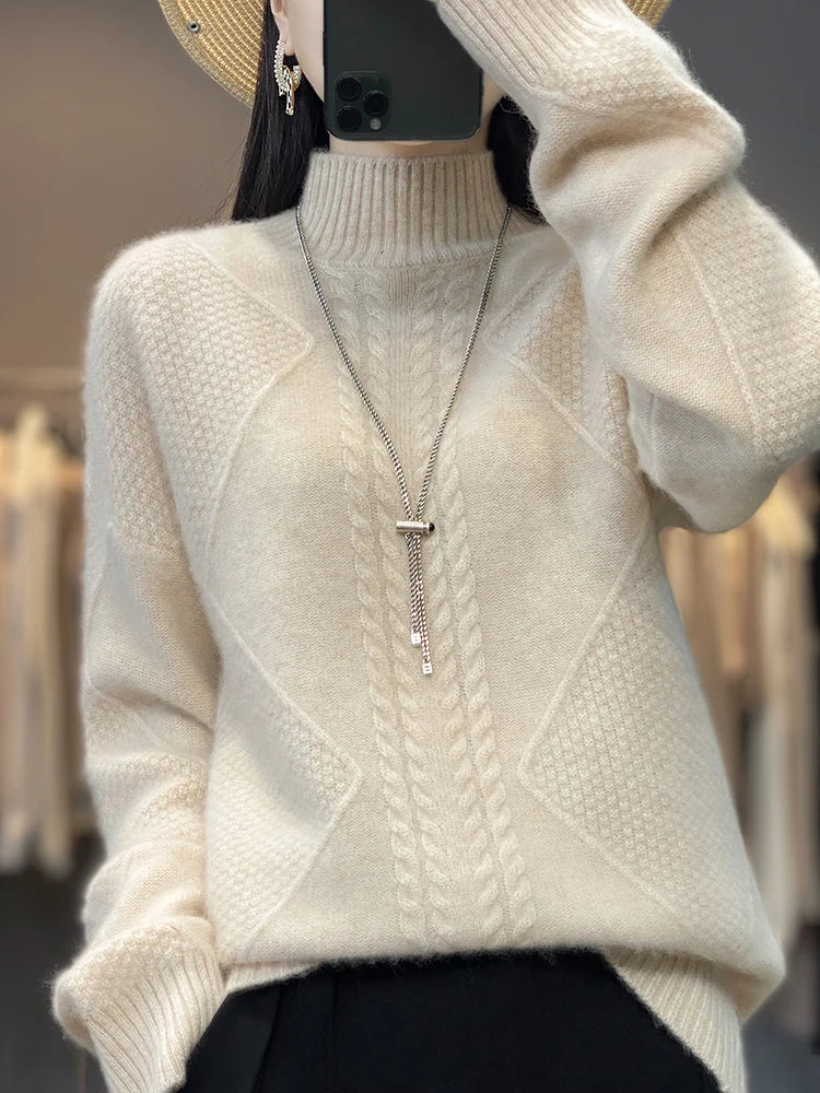 Women's cozy cable-knit turtleneck sweater in a comfortable, warm fabric for fall and winter fashion.