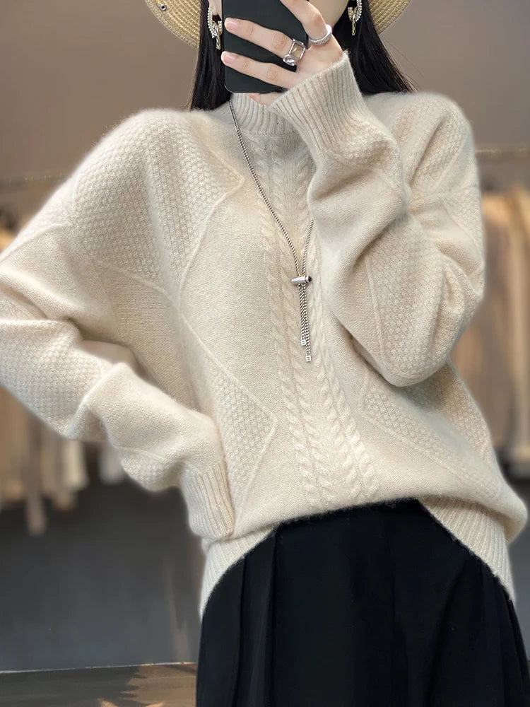 Chic women's cable-knit turtleneck sweater, an elegant long-sleeve top perfect for stylish everyday wear.