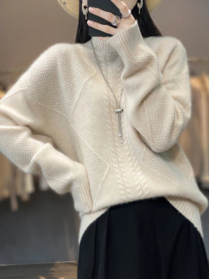 Chic women's cable-knit turtleneck sweater, an elegant long-sleeve top perfect for stylish everyday wear.