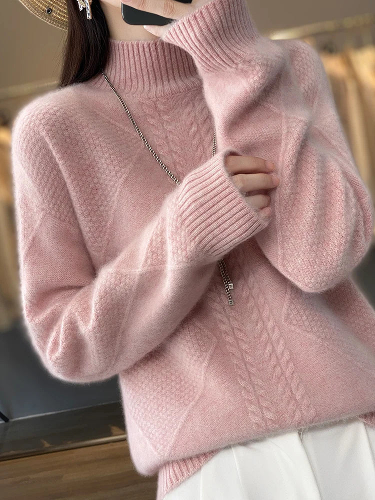 Warm women's cable-knit turtleneck sweater, a comfortable long-sleeve top ideal for winter and fall fashion.