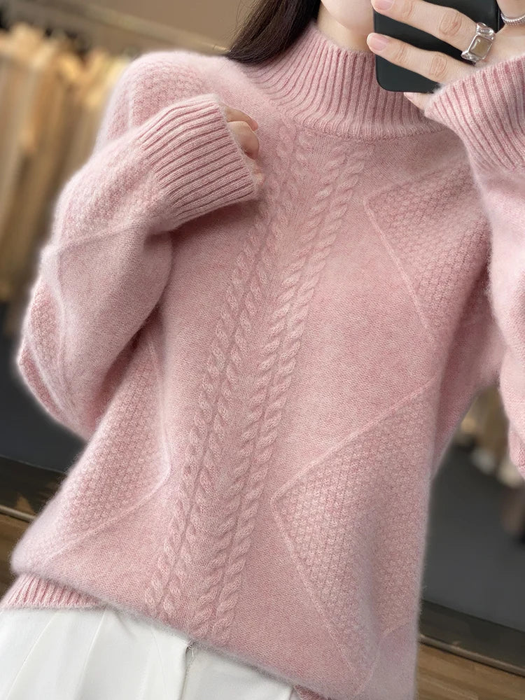 Cozy women's turtleneck sweater with intricate cable-knit design, offering warm comfort for cold weather.