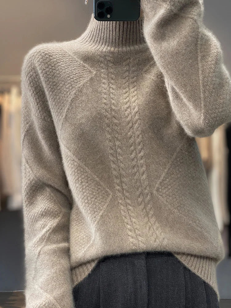 Elegant women's cable-knit turtleneck sweater, a versatile long-sleeve top for chic fall & winter fashion.