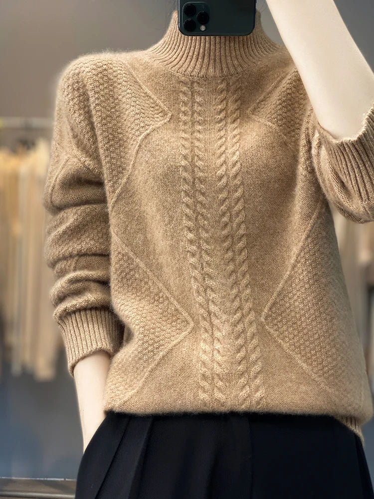 Soft women's cozy cable-knit turtleneck sweater, a warm elegant top perfect for comfortable winter outfits.