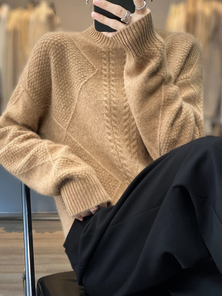 Women's cozy cable-knit turtleneck sweater. Warm long-sleeve top for fall, winter, & everyday chic fashion.