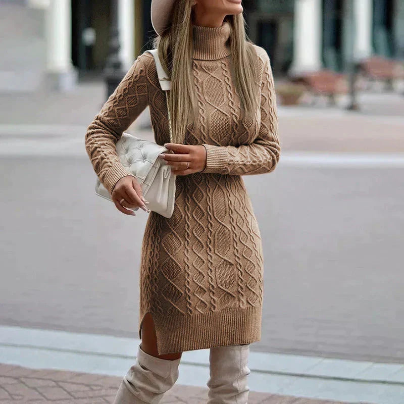 Women's cozy cable knit turtleneck sweater midi dress, perfect for warm elegant winter fashion.