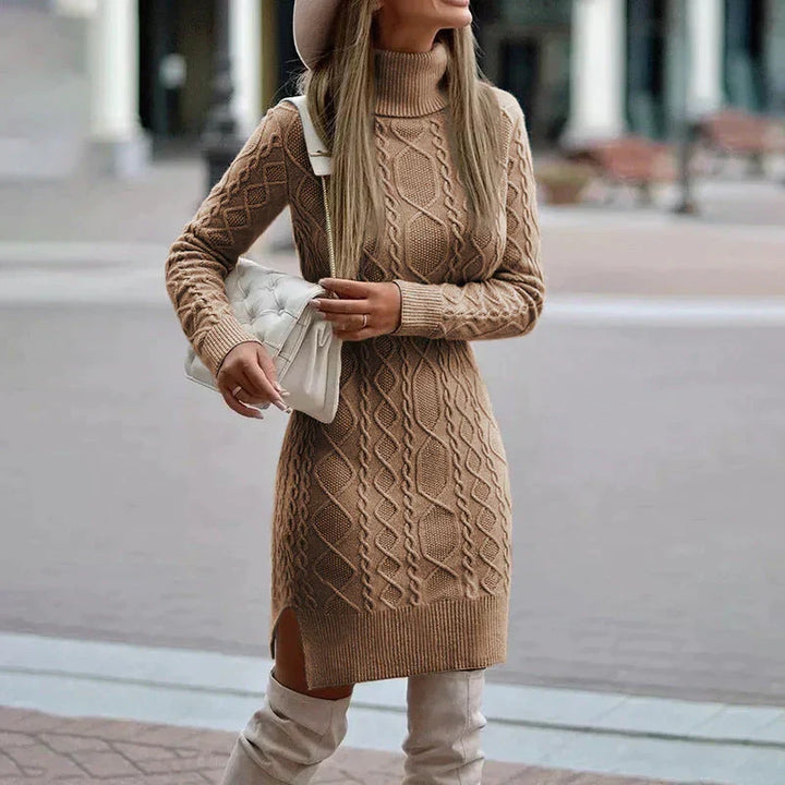 Women's cozy cable knit turtleneck sweater midi dress, perfect for warm elegant winter fashion.