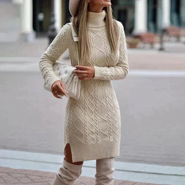 Elegant women's winter cable knit turtleneck dress. Warm midi sweater dress, ideal for cozy seasonal style.