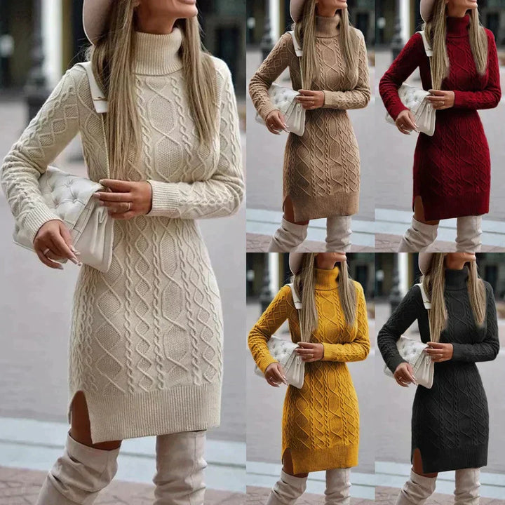 Women's warm turtleneck midi dress, featuring a classic cable knit design. Perfect long sleeve sweater dress for winter.