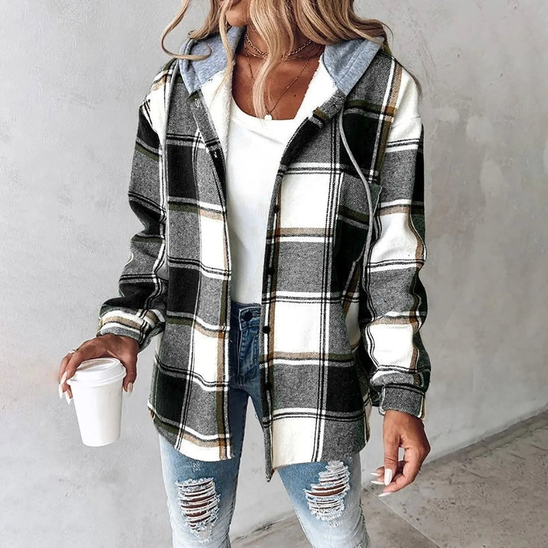 Women's cozy checkered knit cardigan. Warm, stylish fall outerwear with a draped fit for comfort.