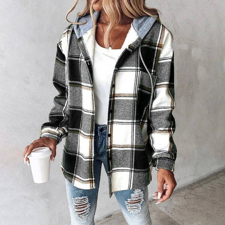 Women's cozy checkered knit cardigan. Warm, stylish fall outerwear with a draped fit for comfort.