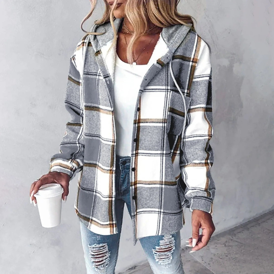 Elegant women's checkered cardigan. Stylish fall outerwear, perfect casual layer for autumn fashion.