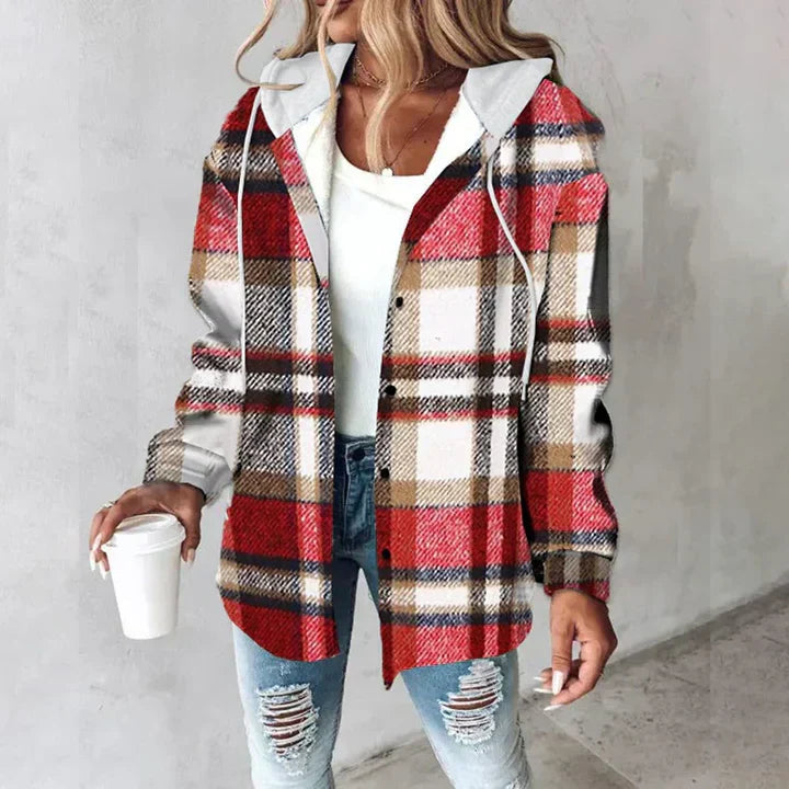 Soft, cozy knit women's checkered cardigan. Warm long-sleeve outerwear for comfortable fall styling.