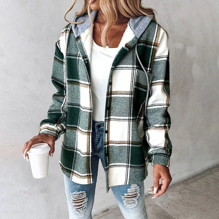 Stylish women's checkered cardigan with draped fit. Warm fall outerwear, elegant long-sleeve comfort wear.