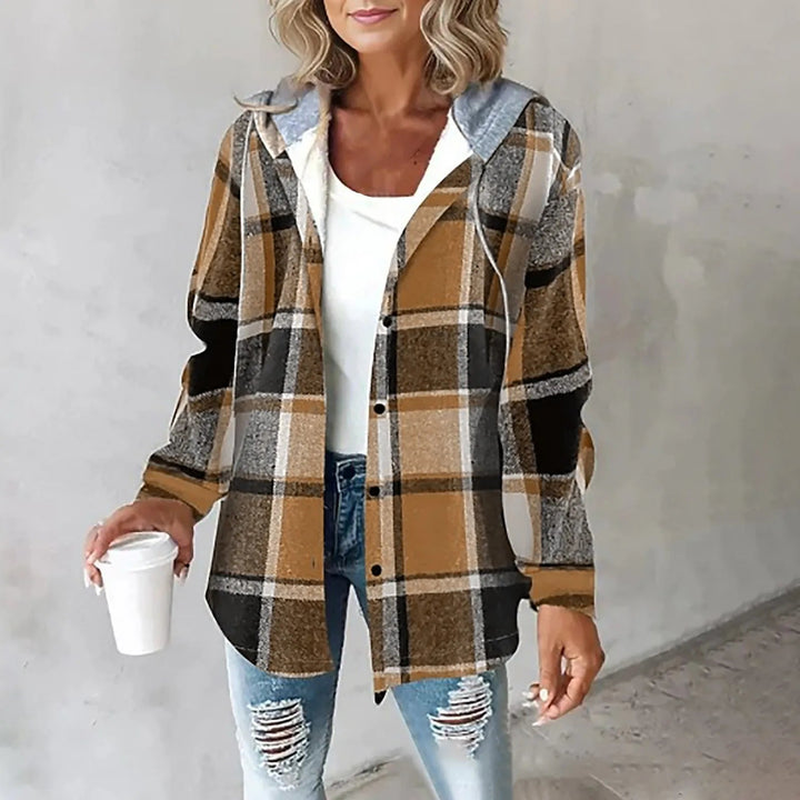 Warm women's checkered fall cardigan. Cozy knit outerwear, a stylish and comfortable long-sleeve layer.