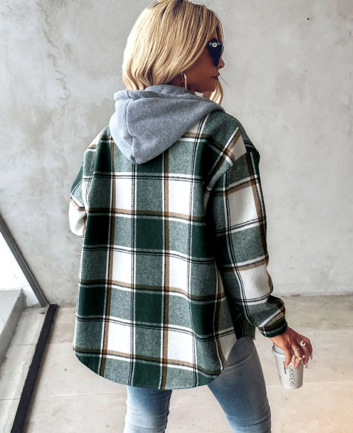 Women's stylish checkered cardigan featuring a cozy knit and draped fit. Warm long-sleeve fall outerwear.