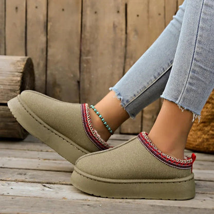 Women's warm plush slip-on slippers, cozy comfort mules for indoor and outdoor winter use.